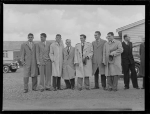 Portrait of the USA Davis Cup Team, (L to R) J Brown, Gardnar Mulloy, Bill Talbert, Walter Pate (Manager), Frank Parker, Jack Kraemer and Ted Schroeder, [Auckland?]