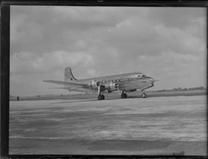 View of PAA NC-8882 Clipper Class Malay passenger plane taxiing at Whenuapai Airfield, Auckland