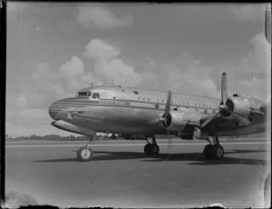 View of Pan American Airways NC-69883 Clipper Class Kathay passenger plane taxiing at Whenuapai Airfield, Auckland