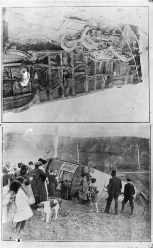 Two images depicting scenes at a tram accident on the Brooklyn Hill, Wellington