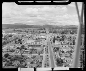 Rotorua City with [Fenton Street?] in foreground looking north to Whakarewarewa thermal area, Bay of Plenty Region