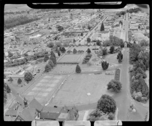 Rotorua City and Government Gardens, looking over the Rotorua Museum to the Blue Baths, lawn bowls grounds and Queens Drive in foreground, Bay of Plenty Region