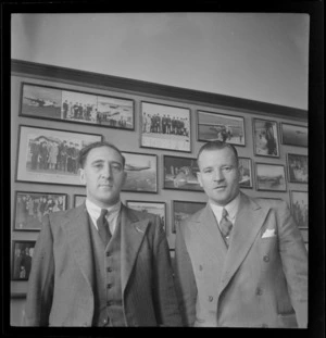Portrait of (L to R) J Upex and B J Littlejohn, Qantas engineers, Whites Aviation Office, Auckland