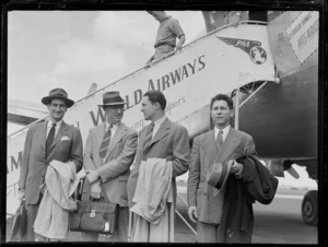 Canberra Conference, (L to R) J F Green, R E James, A L Richards and E J Sady, next to a Pan American Airways aircraft