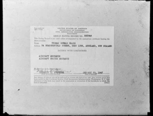 Photograph of a United States of America Civil Aviation Administration Certificate for T O Ellis of Beaconsfield Street, Grey Lynn, Auckland City