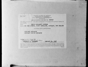Photograph of a United States of America Civil Aviation Administration Certificate for T M Boreham of Point Chevalier, Auckland