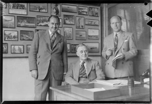 Group portrait of (L to R) Mr Puddicombe, Sir J Buchannan and Mr Hambrook, Whites Aviation Office, Auckland City