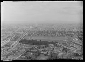 View of Claudelands (Jubilee) Park with the suburb of Fairfield in foreground, looking to the Waikato River and Hamilton City beyond