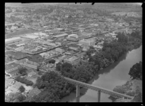 Hamilton City and the Waikato River with rail-bridge, Waikato Region