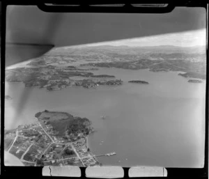 The settlement of Russell with wharf and Kororareka Bay, looking south to Pomare Bay and Opua beyond, Bay of Islands, Northland Region