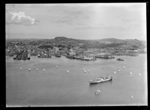 Waitemata Harbour, Auckland, including yachts sailing and a ship in harbour