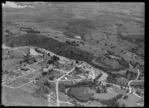 The town of Warkworth and river with Neville Road in foreground and farmland beyond, Rodney District, North Auckland Region