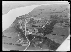 The Wairoa River settlement of Te Kopuru with Bickers Road into Norton Street in foreground, with farmland beyond, south of Dargaville, Northland
