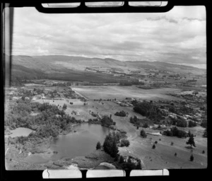 View to Rotorua Aerodrome and Arikikapapa Reserve with lakes and Rotorua Golf Club Course in foreground, and Whakarewarewa pine plantation beyond, Bay of Plenty Region