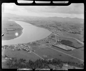 View to the town of Dargaville on the bank of the Wairoa River surrounded by farmland, Northland