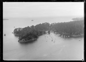 Mansion House Bay and Governor Grey's residence with a jetty and yachts moored in cove, western end of Kawau Island, Auckland Region