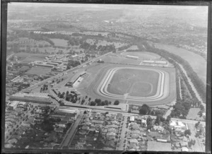 Alexandra Park trotting and show grounds with Manukau Road in foreground, with Greenlane Hospital and Cornwall Park beyond, Epsom, Auckland City