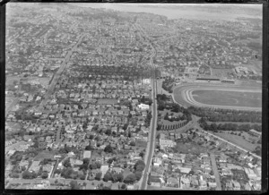 The suburb of Epsom and Manukau Road in foreground with Alexandra Park racecourse, looking north to Auckland City