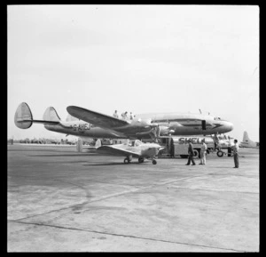 British Overseas Airways Corporation Lockheed Constellation aeroplane, G-AHEJ, 'Bristol', grounded at an unidentified airport, Montreal, Canada