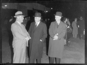 [Lord Richard?] Holderness, the Hon. Frederick Jones, Minister of Defence, and CJ White, Director, at opening of Tasman Empire Airways