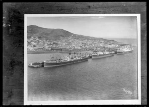 Bluff, Southland, showing three steamships docked at wharves