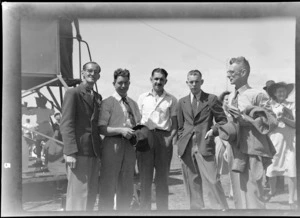 North Island Air Pageant. Newspapermen from left: Geoff Bently (Taranaki Daily News), H Paton (Whites Aviation), J.D Bennett (Crago's photographer), J.N. McClengaghan (Daily News). T.W. Ewart (Whites Aviation)