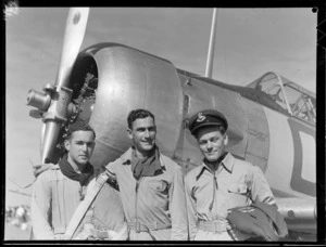 North Island Air Pageant. Three Royal New Zealand Air force Pilots who took part in Corsair display: Flight lieutenant G.W.Annand (left), Second lieutenant D F St George and Flying Officer S Washington