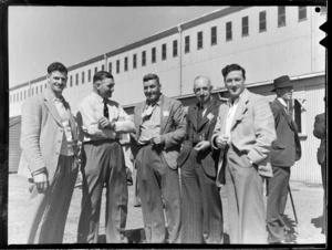 North Island Air Pageant with Canterbury visitors, from left - R D Cairns, Gordon Parker (New Plymouth), Len Poore (Chief instructor) H D Christie (President), Cyril Smith.