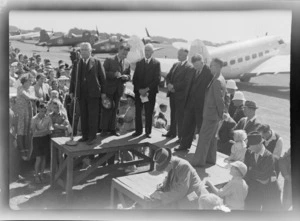 North Island Air Pageant official opening - from left, Hon Walter Nash, H W Lightband (president), E R C Gilmor (Mayor of New Plymouth), R T Cadwallader (pres Royal NZ Aero Club), Hon D G Sullivan and W G Watts (secretary).