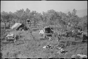 New Zealand Public Relations Service Field Section in new camp after leaving Cassino, Italy, World War II - Photograph taken by George Bull