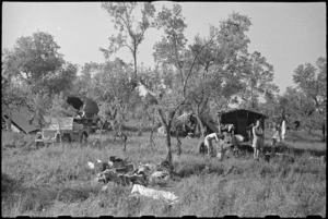 New Zealand Public Relations Service Field Section in new camping area after leaving Cassino, Italy, World War II - Photograph taken by George Bull