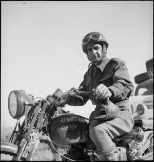R Shilton, a despatch rider with the NZ Forestry Unit in southern Italy, World War II - Photograph taken by M D Elias