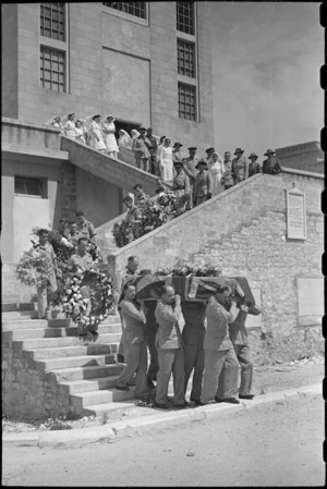 Funeral of Sister A S Crampton leaving the chapel at 3 NZ General Hospital, Bari, Italy, in World War II - Photograph taken by George Bull