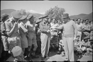 Prime Minister Peter Fraser emphasises a point when addressing troops in the Cassino area, Italy, World War II - Photograph taken by George Bull