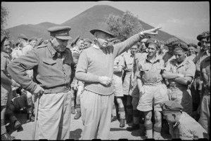 Prime Minister Peter Fraser addressing NZ troops in the Cassino area, Italy, World War II - Photograph taken by George Bull