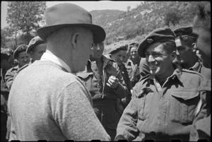 Prime Minister Peter Fraser renews acquaintance during visit to the Cassino area, Italy, World War II - Photograph taken by George Bull