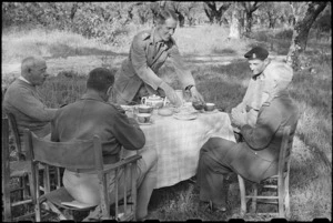 Generals at tea with Prime Minister Peter Fraser during his visit to the Cassino area, Italy, World War II - Photograph taken by George Bull