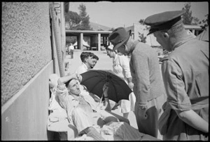 Prime Minister Peter Fraser talking to G A O'Leary outside 2 New Zealand General Hospital, Caserta, Italy, World War II - Photograph taken by George Kaye