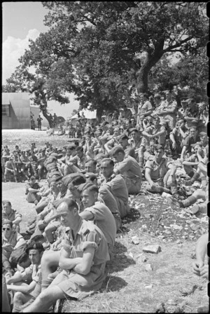 Section of troops listening to address by Prime Minister Peter Fraser at NZ Advance Base, Italy, World War II - Photograph taken by George Bull