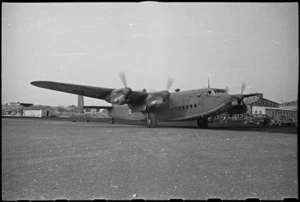 View of York aircraft warming up before taking off carrying Prime Minister Fraser, Bari Airport, Italy, World War II - Photograph taken by George Bull