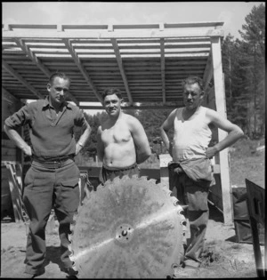 Saw doctors at the NZ Forestry Unit's mill in southern Italy, World War II - Photograph taken by M D Elias