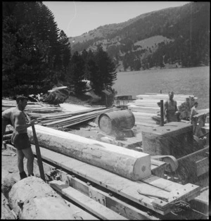 Sawing timber at the New Zealand Forestry Unit mill in southern Italy, World War II - Photograph taken by M D Elias