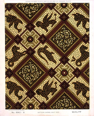 George Harrison & Co (Bradford) :Floorcloth [Roman mythological animal pattern]. Stock in body cloth and 3/4 4/4 and 5/4 passage cloth. No 696/1 X. Pattern shown half size. [1880s?]