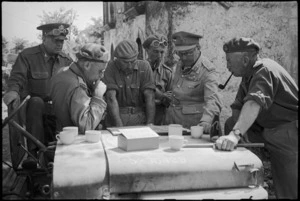 General Freyberg and staff confer at 5 NZ Infantry Brigade HQ in Sora area, Italy, World War II - Photograph taken by George Kaye