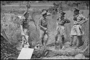 Officers of 29 Battery, 6 NZ Field Regiment, near their headquarters near Sora, Italy, World War II - Photograph taken by George Kaye