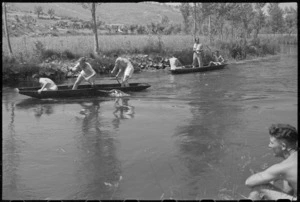 New Zealanders boating on the Fibrino River in Italy, World War II - Photograph taken by George Kaye