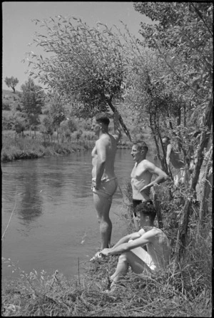 New Zealanders on the bank of the Fibrino River in Italy, World War II - Photograph taken by George Kaye