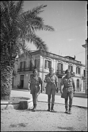 D A Millburn, G A Cormack and G Smith walking in the town of Sora, Italy, World War II - Photograph taken by George Kaye