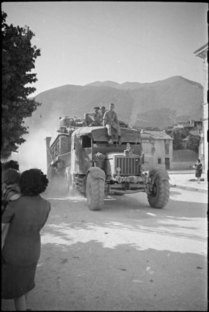 New Zealand tank transporter rumbles through town of Sora, Italy, World War II - Photograph taken by George Kaye
