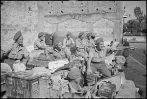 New Zealanders rest on their Bren carriers in Sora, Italy, World War II - Photograph taken by George Kaye